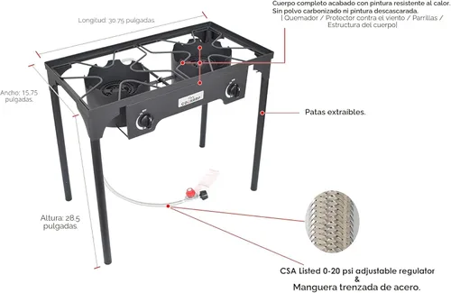 Miniatura 5 de COOKAMP - Estufa de camping portátil de doble quemador de propano de alta presión con regulador ajustable de 0-20 PSI y manguera de acero trenzada