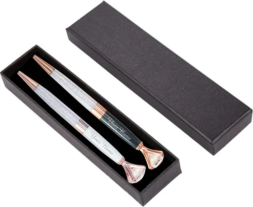 ExpressDesigns™ - Juego de 2 bolígrafos de diamantes personalizados con caja de regalo, grabado metálico personalizado con nombre o mensaje,