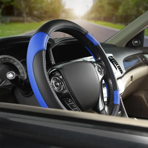 Miniatura 6 de GIANT PANDA Funda de cuero de microfibra para volante Honda Accord, Civic, CR-V, HR-V, Pilot (patrón de diamante-negro+azul-tamaño estándar)