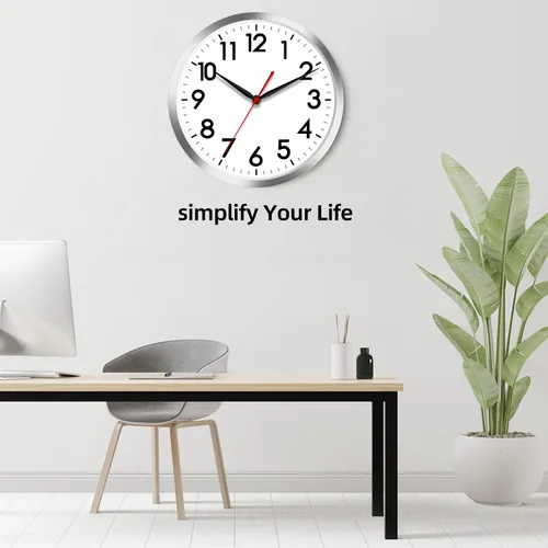 Miniatura 9 de AKCISOT Reloj de pared silencioso de 10 pulgadas, funciona con pilas, sin tictac, moderno reloj plateado decorativo para cocina, baño, dormitorio