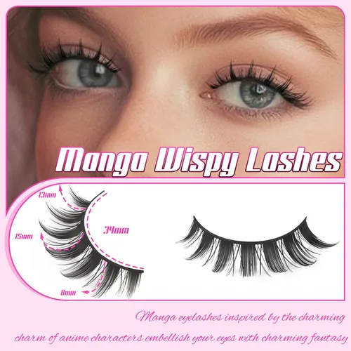 Miniatura 2 de Veleasha - Pestañas postizas manga puntiagudas naturales, para cosplay de anime, 14 pares, 3D, ligeras, banda de algodón de 8-15 mm, suaves, 100%