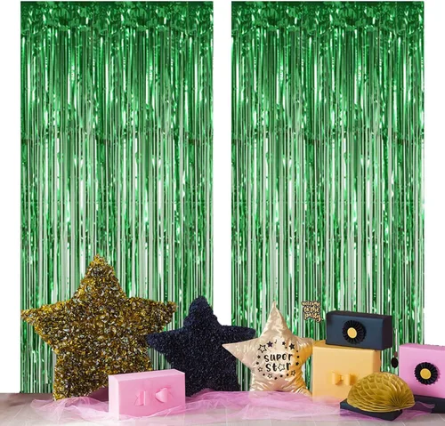 Cortinas de flecos de aluminio de color verde, 3 x 8 pies, paquete de 2 cortinas de fondo de oropel metálico, cortinas para puerta, suministros de