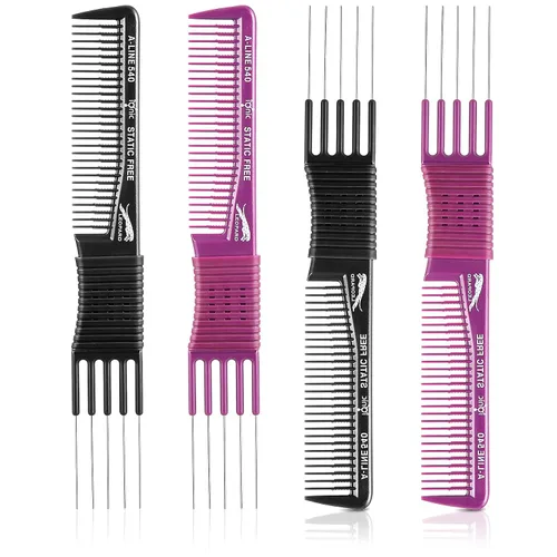Patelai 4 piezas de peine de carbono con punta de metal para levantar pelos y púas de peluquería con 5 pasadores de acero inoxidable para cabello de