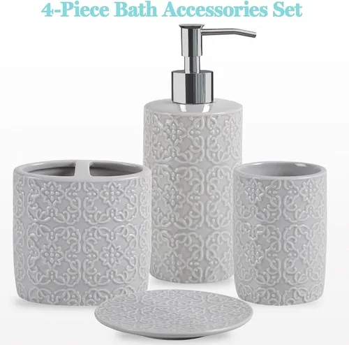 Miniatura 3 de Martha Stewart Juego de accesorios de baño de cerámica, organizador de almacenamiento para decoración de tocador, medallón de damasco en relieve