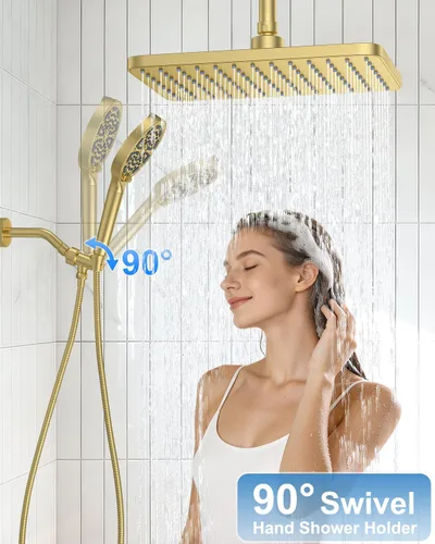 Miniatura 3 de 11" Brushed Gold Rainfall Shower System – Complete Spa Faucet Set with Filtered Handheld Sprayer & Mixer Valve – Modern High Pressure Bathroom