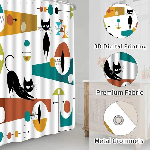 Miniatura 3 de Mid Century Black Cat Shower Curtain Modern Atomic Abstract Geometric Iconic Pattern Retro Black Kitty Animal 1950s 1960s Vintage Funny Teal Fabric
