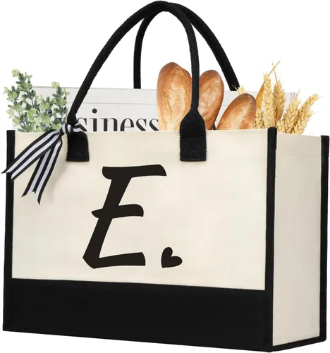 Miniatura 15 de shenee - Bolsa de lona con inicial, bolsa de yute personalizada para la playa, regalo de vacaciones para mujeres, cumpleaños de amigos, boda, año