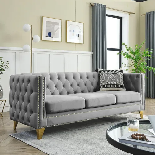 Miniatura 10 de Modern 3 Seater Couch Black Velvet Sofa Upholstered Button Tufted Nailhead Trim, Square Arm Loveseat Sofa, Sturdy Golden Metal Legs, 80.5'' Couch