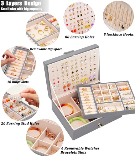 Miniatura 3 de QBestry Organizador de aretes de tuerca para mujeres y niñas caja de joyería gris para aretes collar organizador de joyas caja de aretes para mujer