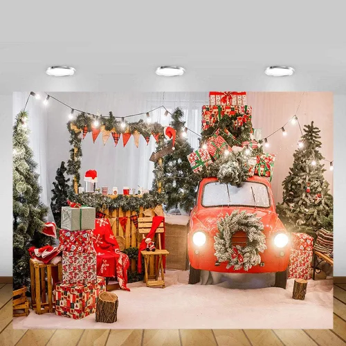 Miniatura 4 de MEHOFOND Árbol de Navidad de invierno de 8 x 6 pies, regalo de automóvil rojo, guirnalda de pino verde claro, guirnalda de pino verde claro