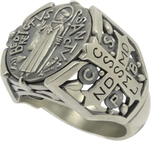 Miniatura 4 de St Benedict christian catholic ancient Sterling Silver 925 medal mens ring, Exorcism