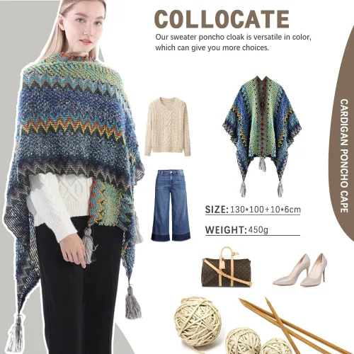 Miniatura 11 de Capa tipo poncho de punto para mujer, cárdigan de punto con flecos para otoño e invierno