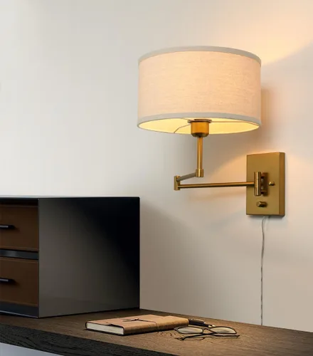 Miniatura 4 de Aplique de pared de tela textil de lino vintage Swing Arm, Adjustable, with on/Off Switch, Brass Gold Wall Mounted Lamp, Reading Light Fixture for