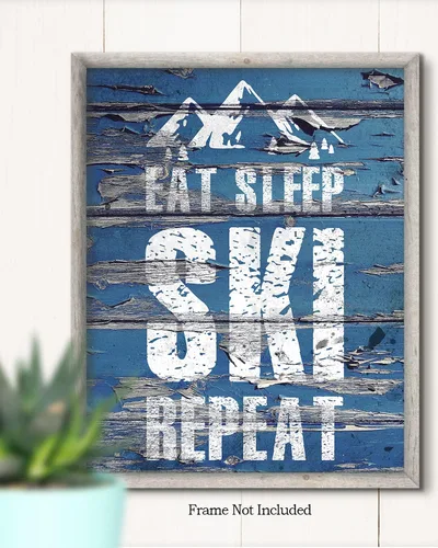 Miniatura 2 de Eat Sleep Ski Repeat Wall Decor Art Print sobre un fondo de madera azul – 11x14 sin marco con tema de esquí – Gran regalo para familiares y amigos