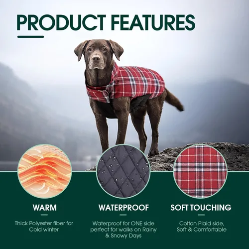 Miniatura 3 de Kuoser - Abrigo rojo para perro, abrigo de invierno a cuadros, impermeable, reversible, S-XS
