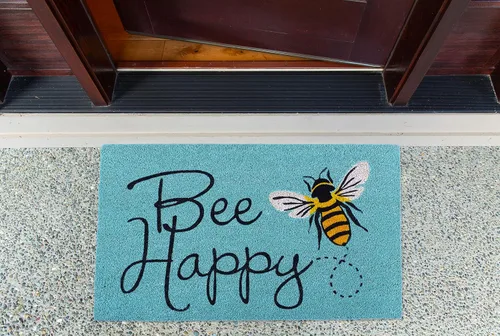 Miniatura 2 de DII Felpudo de fibra de coco natural, divertido tapete de felicitación, abeja feliz, 18 x 30 pulgadas