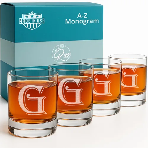 Miniatura 12 de On The Rox Drinks Juego de 4 vasos de vidrio grabados con monograma B, 11 onzas