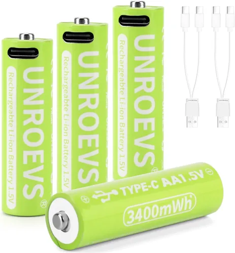 Miniatura 8 de UNROEVS Baterías AA de litio recargables USB, 3400 mWh 1.5 V recargable doble A con cable USB-C 2 en 1, carga rápida de 2 horas, más de 1200 ciclos.