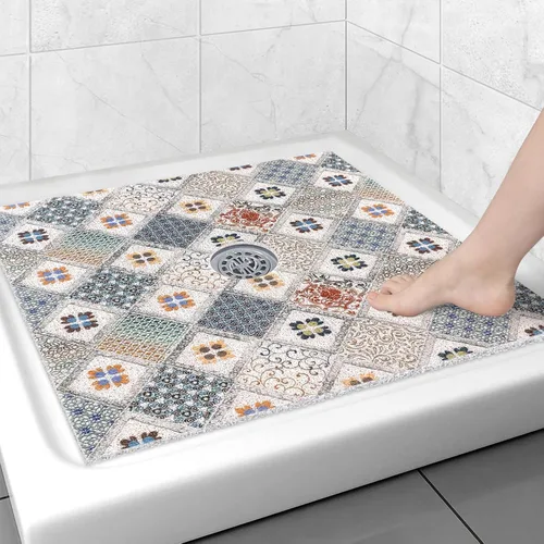 Miniatura 30 de Alfombrilla de ducha cuadrada antideslizante: 24 x 24 pulgadas para ducha interior con orificio de drenaje en el medio, tapete de ducha de masaje