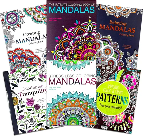 Juego de libros para colorear para adultos: juego de 6 libros, 4 libros de mandalas más patadas y tranquilidad, páginas gruesas de calidad fáciles