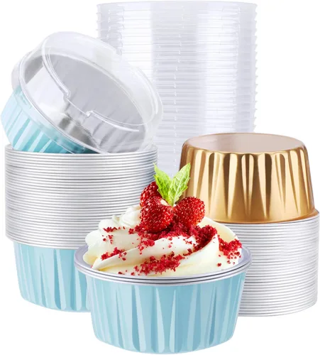 Miniatura 20 de EUSOAR Forros para cupcakes con tapas, 30 piezas desechables de papel de aluminio de 5 onzas, moldes para hornear cupcakes, envases de postre