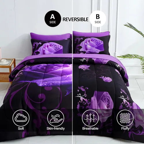 Miniatura 2 de WONGS BEDDING Juego de edredón morado tamaño completo, 7 piezas reversibles con patrón de rosas moradas en una bolsa, juego de edredón ligero