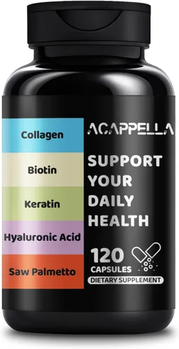 ACAPPELLA Queratina Saw Palmetto con cápsulas de ácido hialurónico DHT Blocker Vitaminas Ácido Fólico Suplementos de colágeno para mujeres y hombres