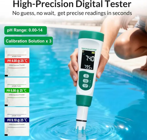 Miniatura 4 de Kit de probador digital de agua para piscina 11 en 1 que incluye probador de sal 5 en 1 para piscina de agua salada y tiras de prueba de piscina 7
