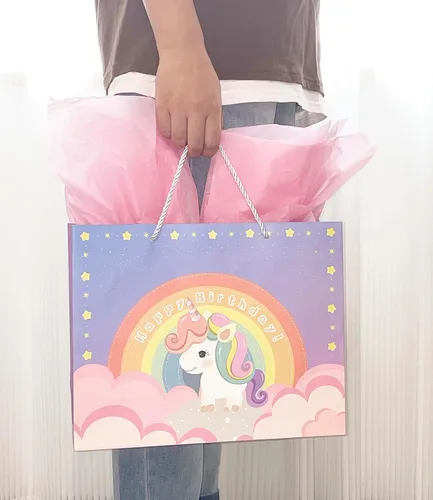 Miniatura 6 de jabberwpacking Bolsas de regalo grandes de 12.6 pulgadas con papel de seda para niñas, bolsa de regalo de cumpleaños de unicornio rosa