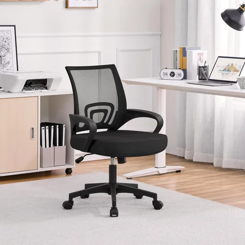 Miniatura 7 de Yaheetech Silla de oficina con respaldo medio, silla de escritorio giratoria con soporte lumbar, silla de malla ergonómica para computadora de Negro