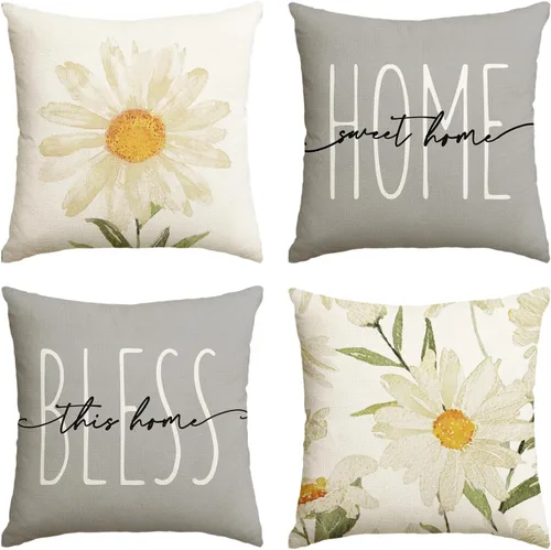 Miniatura 19 de AVOIN colorlife Home Sweet Home - Juego de 4 fundas de almohada amarillas para primavera y verano, 16 x 16 pulgadas, funda de cojín azul para sofá