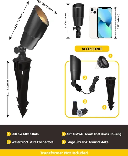 Miniatura 4 de COLOER Foco de paisaje de latón de bajo voltaje (negro) paquete de 1 con carcasa de aluminio de 5 W, foco LED MR16 2700K 450LM CRI85+, iluminación