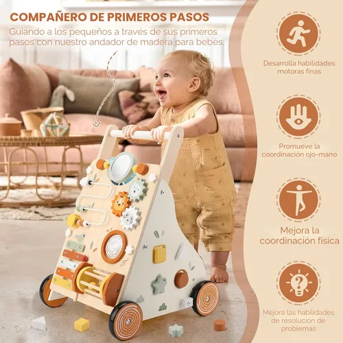 Miniatura 3 de Pithfor Andador de bebé de madera, andador de empuje para bebé con centro de actividades para niñas y niños, juguetes de andador de empuje Naranja