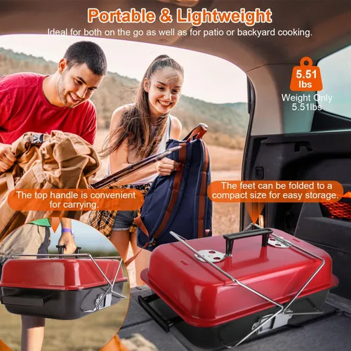 Miniatura 3 de TeqHome Parrilla de carbón portátil con tapa, parrilla de barbacoa de mesa mejorada para exteriores, parrilla plegable para cocinar al aire libre