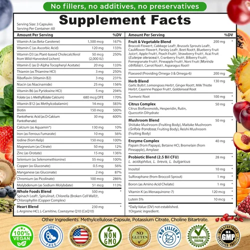 Miniatura 6 de Multivitamínico diario vegano de alimentos integrales con hierro, multivitamínico metilado para mujeres y hombres, hecho con frutas y verduras