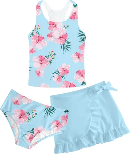 Miniatura 37 de Traje de baño tankini de 3 piezas para niñas, lindo bikini con salida de baño con falda de playa de 5 a 16 años