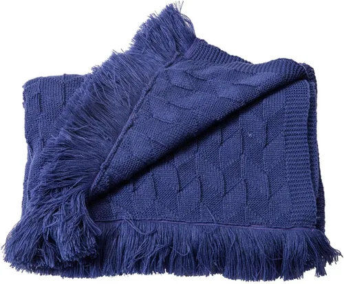 Vctops Manta de punto vintage con flecos texturizada sólida acogedora y ligera manta decorativa para cama sofá sofá (azul oscuro, 31 x 79 pulgadas)