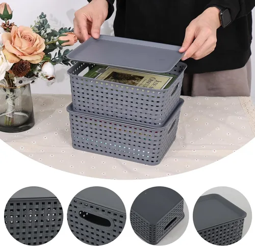 Miniatura 4 de Paquete de 6 cestas pequeñas de plástico, cesta de almacenamiento tejida con tapa, apilable, color gris