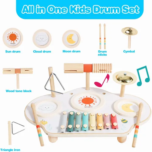 Miniatura 8 de Twefex Juego de batería para niños, juego de batería 9 en 1 para niños pequeños, instrumentos musicales Montessori, juguete para bebés, juguetes