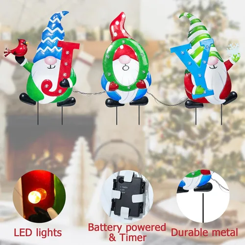 Miniatura 3 de Afirst Estacas de metal para patio de Navidad, decoración de patio al aire libre, gnomos que sostienen alegría, estacas de metal iluminadas, estaca