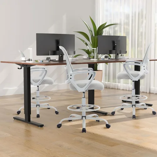 Miniatura 2 de DUMOS Silla de Dibujo - Silla de Oficina Ergonómica y Alta para Escritorio de Pie, Mostrador con Altura Ajustable y Cómodo Soporte Lumbar, Gris