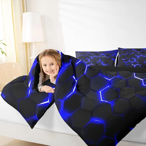 Miniatura 5 de Erosebridal Juego de Edredón de Panal, Juego de Ropa de Cama Geométrica de Luz Neón Queen para Niños Varones y Adolescentes, Juegos de Edredón