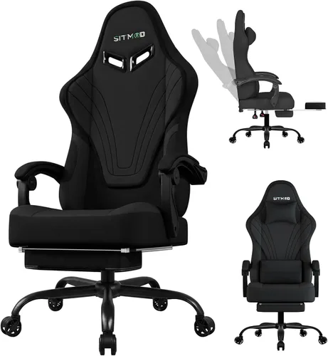Silla de juegos, sillas de juegos grandes y altas para adultos con reposapiés y soporte lumbar, cómoda silla de computadora de tela ergonómica de