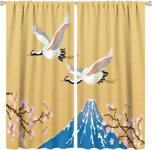 Miniatura 35 de Cortina japonesa con diseño de cerezo en flor, montañas, río, nubes, pinos, paisaje, naturaleza, asiático, anime, oscurecimiento de habitación