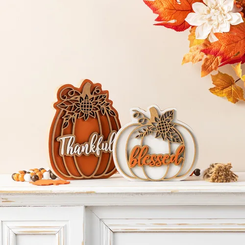 Glitzhome Juego de 2 decoraciones de calabaza de madera de Acción de Gracias (6 pulgadas y 8 pulgadas de alto) – Decoración de mesa de granja