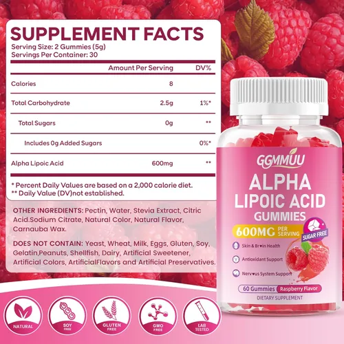 Miniatura 2 de Gomitas de ácido alfa lipoico de 600 mg, suplemento de ALA masticable de alta absorción para antioxidantes, salud cerebral y apoyo nervioso, sabor