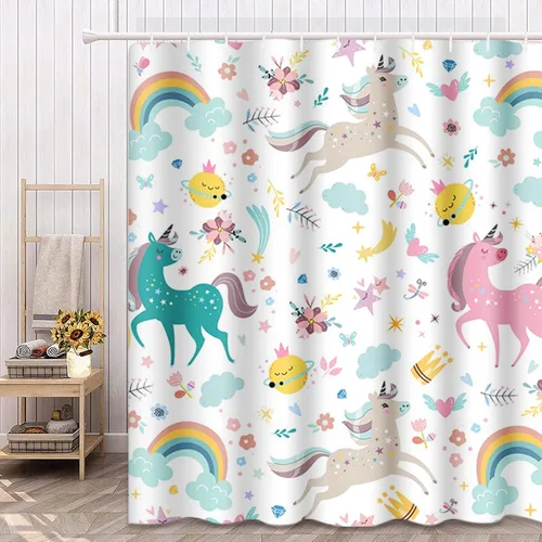 Miniatura 7 de Emvency Cortina de ducha para niños, diseño de unicornio azul arcoíris, rosa, flecha, hermosa tela de poliéster impermeable, 72 x 72 pulgadas, juego