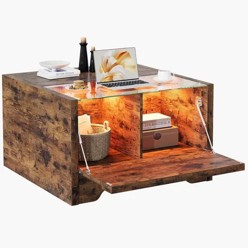 Miniatura 7 de Bestier Mesa de centro de granja de 31.5 pulgadas con almacenamiento, mesas de centro cuadradas LED para sala de estar, mesa central de madera