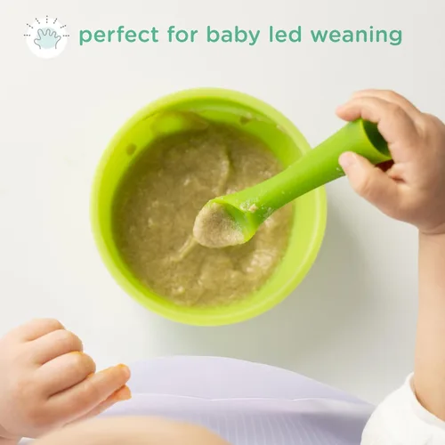 Miniatura 4 de Olababy Cuchara de entrenamiento de punta suave 100% silicona para el destete dirigido por el bebé, paquete de 2 (limón/coral)