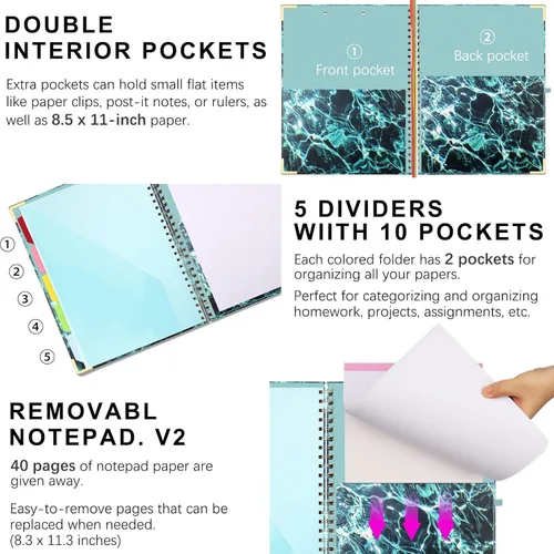 Miniatura 4 de HWPRATO Portafolio portapapeles con divisores y soporte para bolígrafo, cuaderno de espiral con portapapeles, carpeta para enfermeras, portapapeles